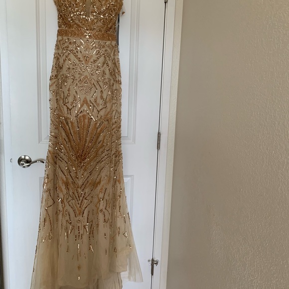 GOLD PROM GOWN DRES WITH DETACHABLE SKIRT EMBELLISHED MERMAID - Picture 11 of 13